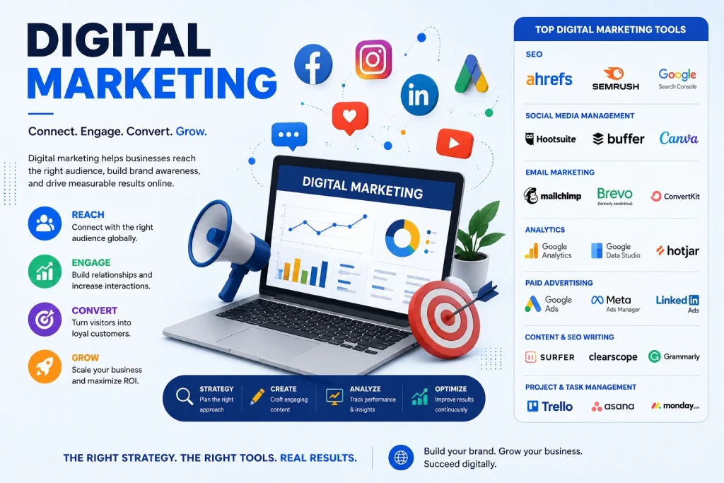 Digital marketing course in east delhi infographic featuring SEO tools, social media platforms, analytics tools, email marketing software, and online business growth strategies.